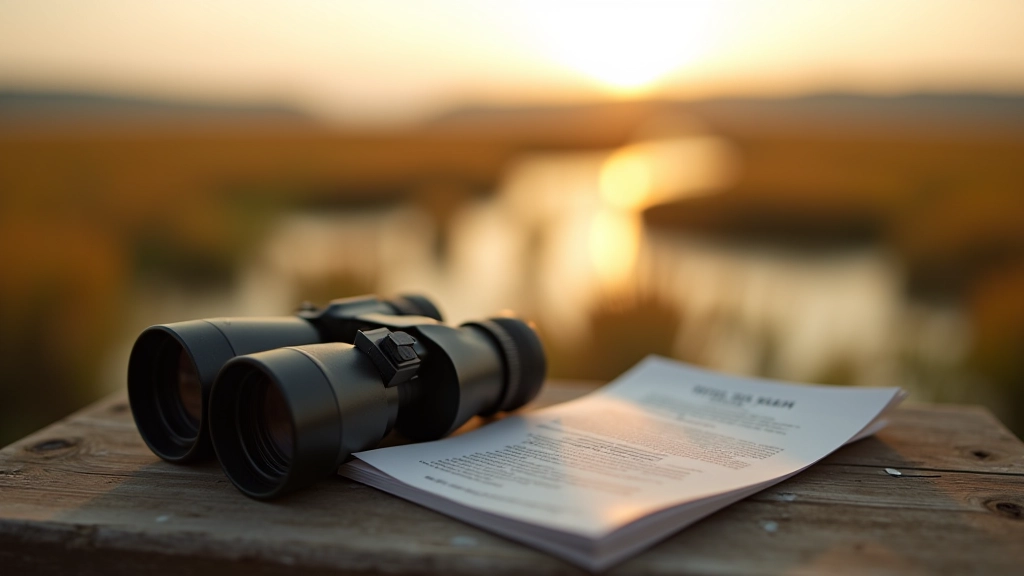 Binoculars and field notebook resting on a wooden railing overlooking wetlands and forest at Žuvintas biosphere reserve