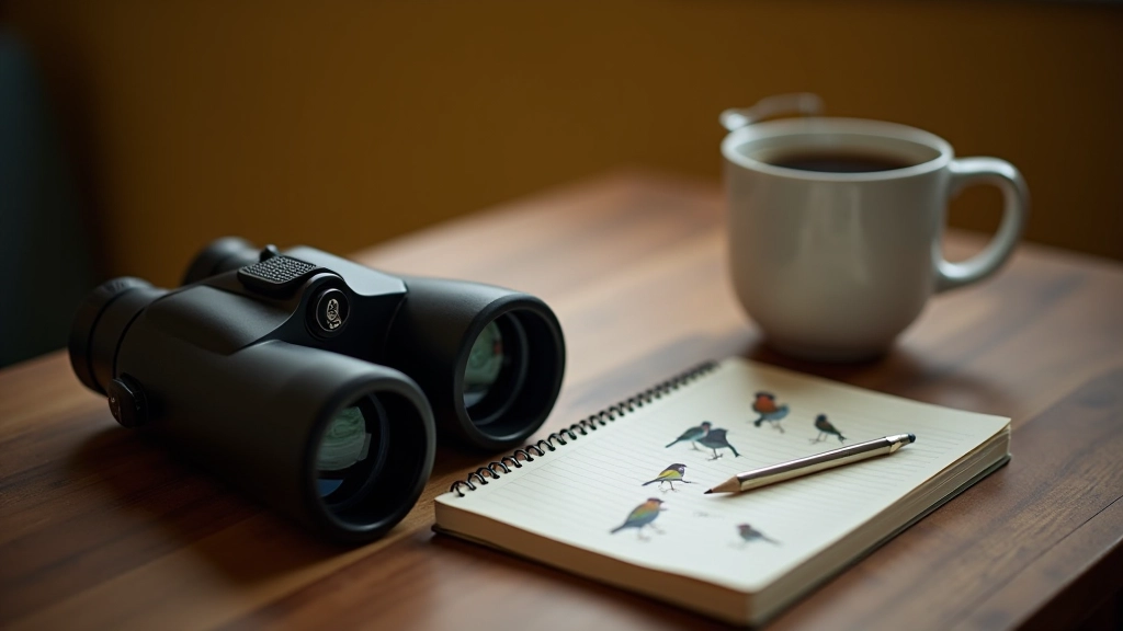 Close-up of binoculars, field notebook, and pencil arranged on a wooden table next to a cup of coffee, warm natural lighting