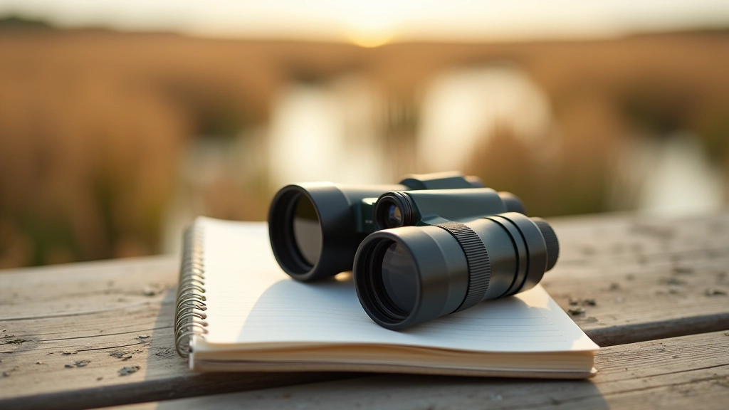 Binoculars and field notebook on a wooden observation platform