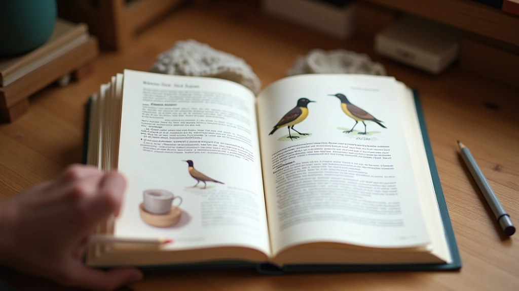 Field guide page showing illustrations and descriptions of common waterfowl species found in Lithuanian wetlands, open on a desk