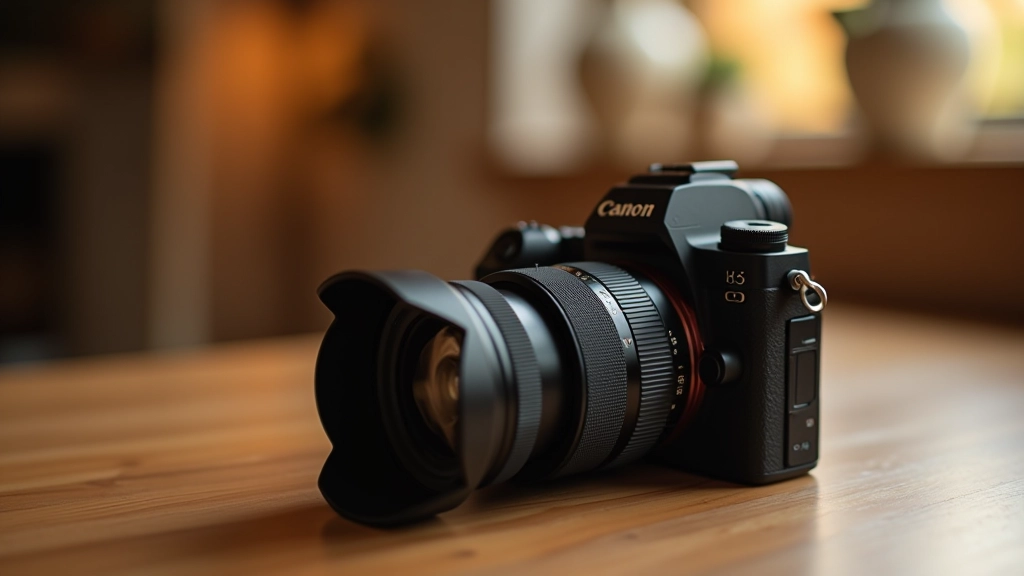 Close-up of professional camera with interchangeable lens on a wooden table, warm studio lighting, sharp focus