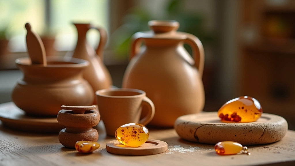 Detailed view of amber jewelry and ceramic craft pieces from Lithuanian workshops