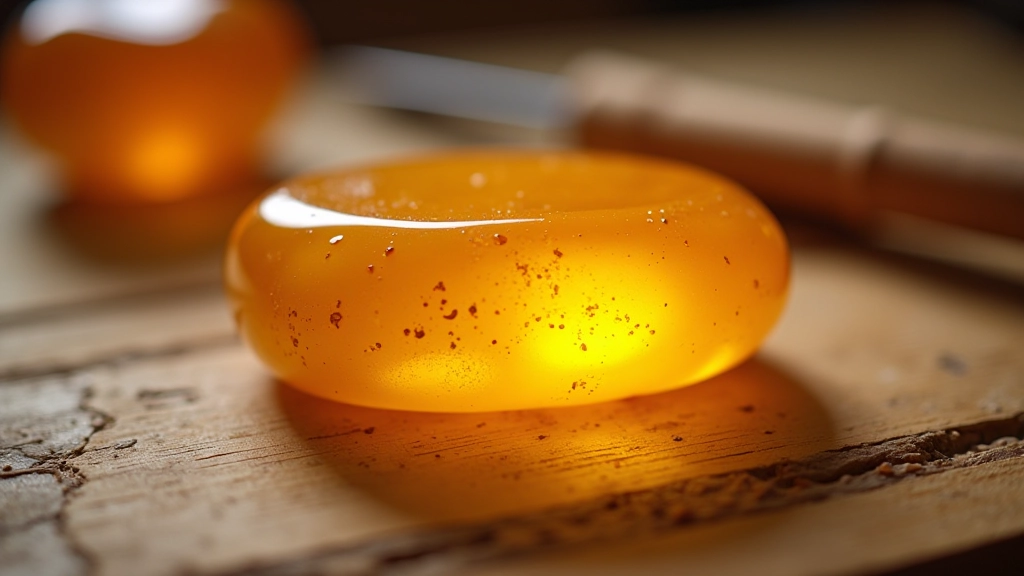 Close-up of raw amber stones in various honey and golden hues arranged on a craftsperson's work surface with carving tools nearby