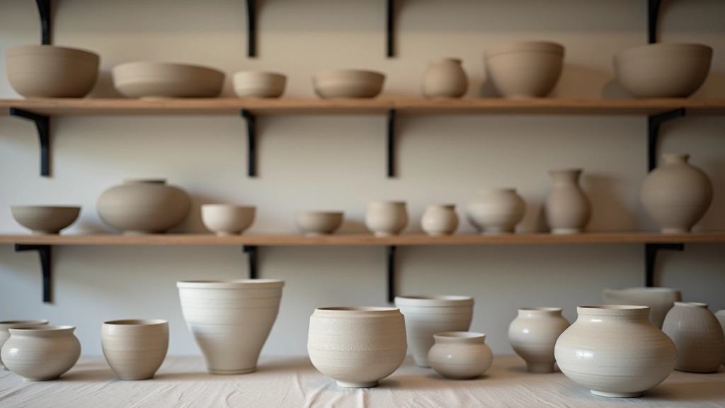 Finished pottery pieces including bowls and vessels displayed on shelves showing various glazes and firing techniques