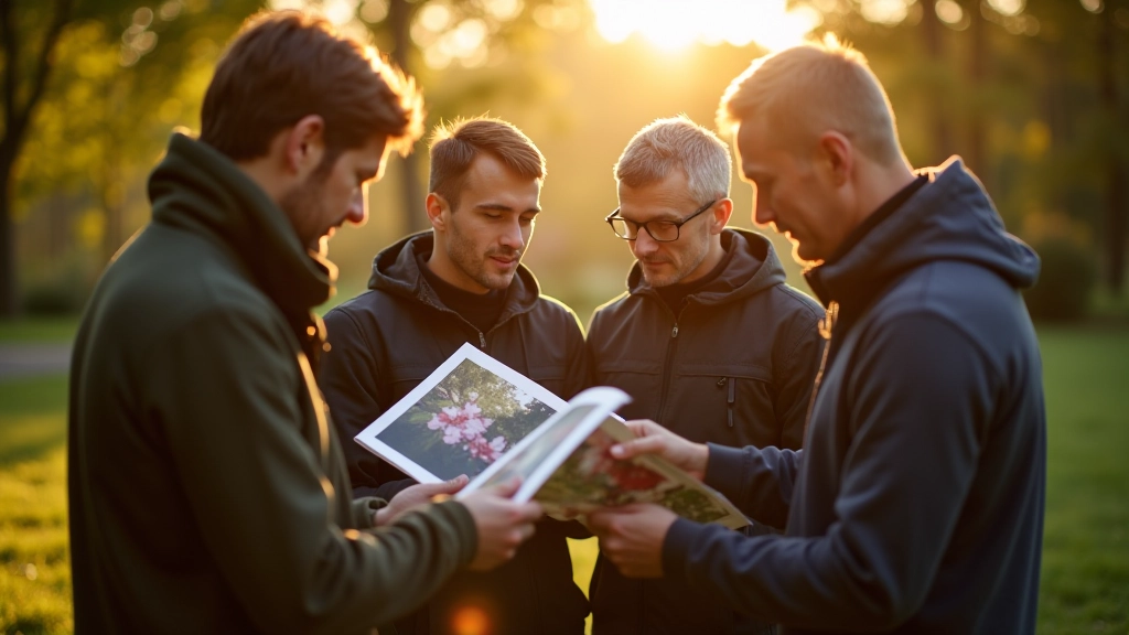 Group of photographers gathered outdoors in natural park setting, examining prints and discussing composition, golden hour lighting, candid documentary style