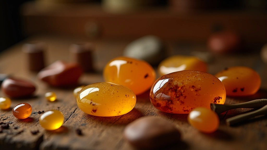 Display of handcrafted amber jewelry pieces arranged on a dark surface