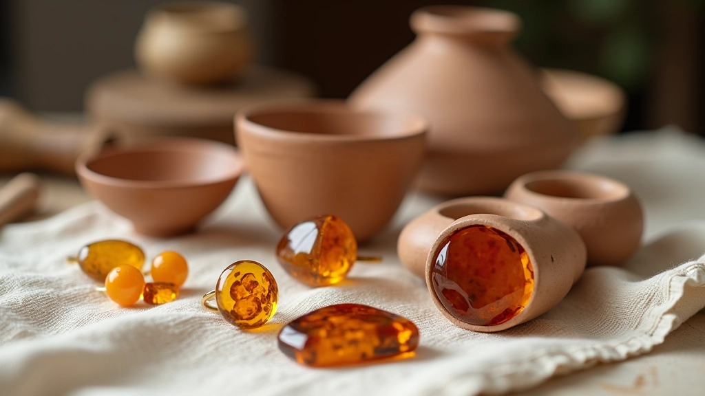 Amber jewelry pieces and ceramic vessels on display