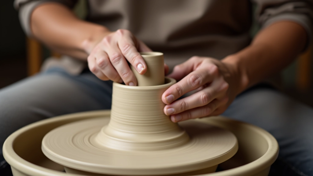 Close-up of hands demonstrating proper hand positioning on a pottery wheel while shaping clay