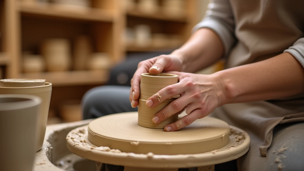 Pottery class in progress with clay on wheel
