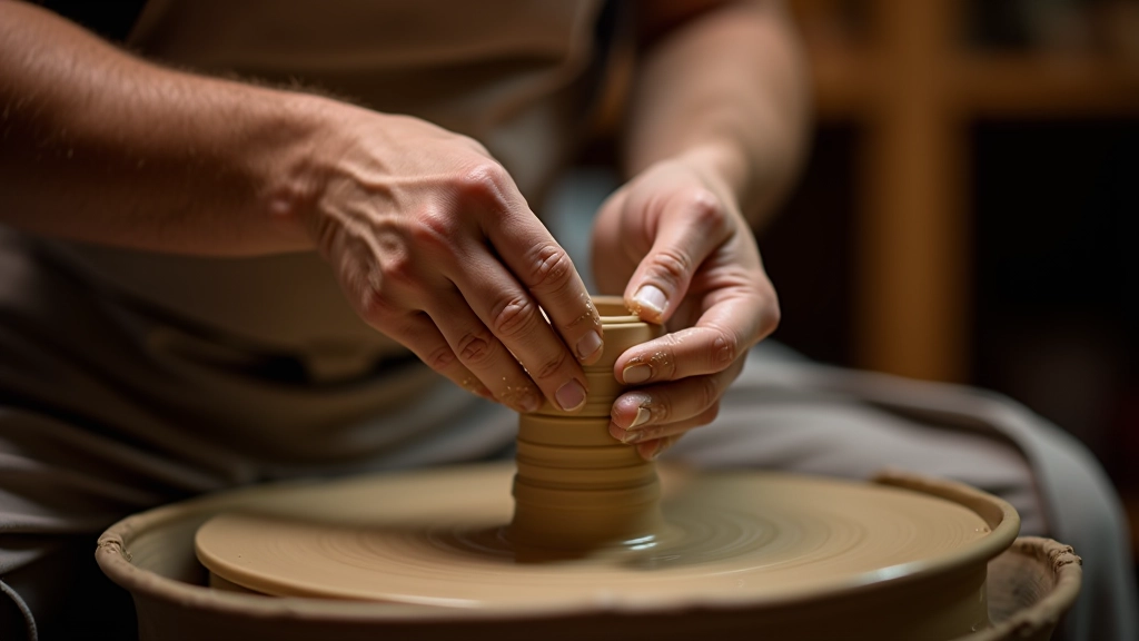 Hands shaping wet clay on a pottery wheel with water spraying, clay dust visible in warm studio lighting