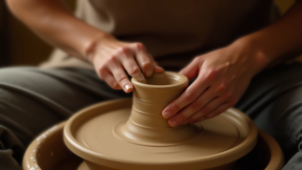 Potter's hands shaping clay on a spinning wheel in a studio setting