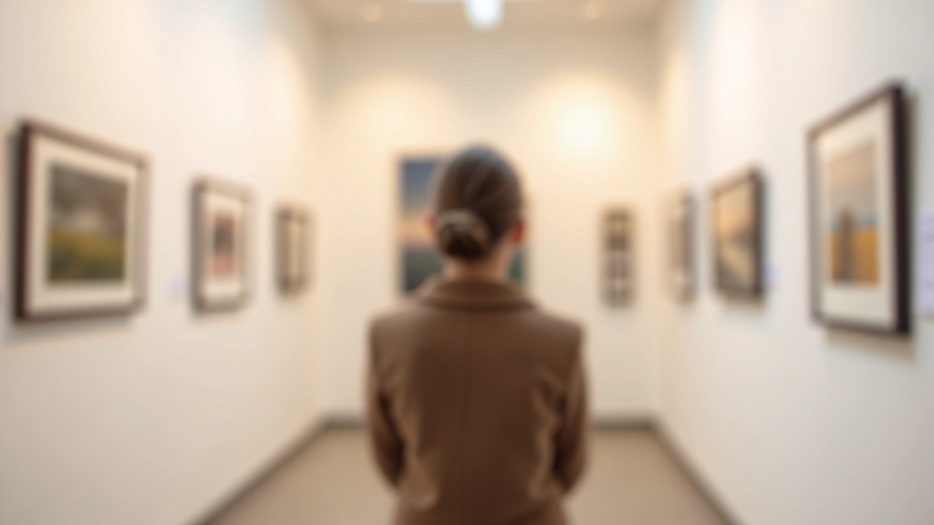 Photography exhibition in modern gallery space with framed prints on white walls, warm gallery lighting, professional display