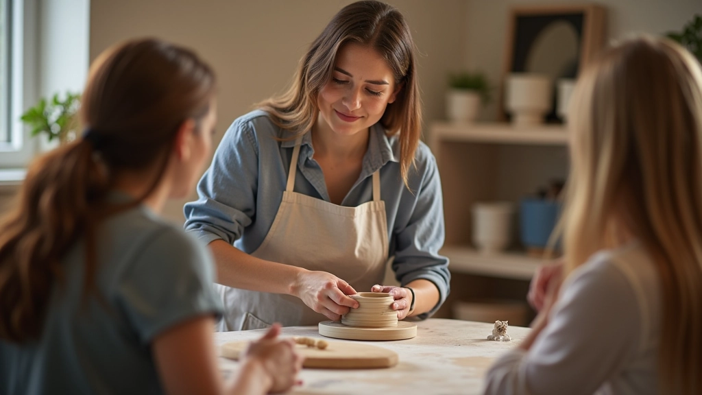 Pottery instructor demonstrating centering technique on wheel to a small group of students in studio class setting