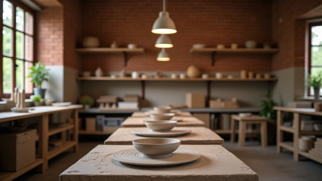 Interior view of a pottery studio showing multiple ceramic wheels arranged in a bright workspace with exposed brick walls and pendant lighting