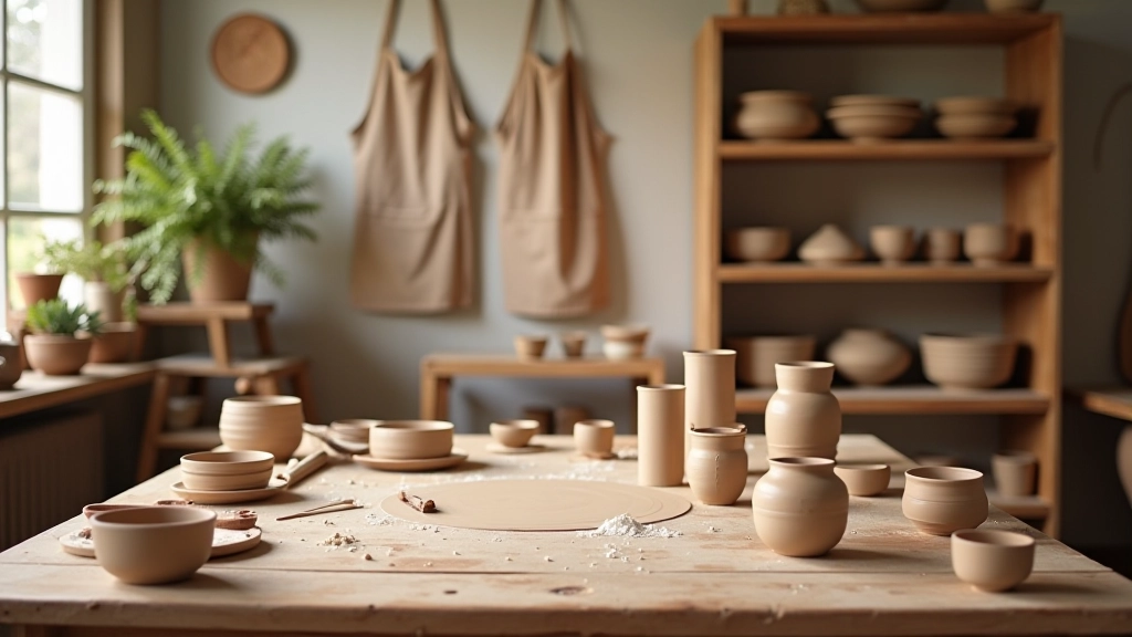 Pottery studio workspace with clay tools, aprons, and shelves displaying finished ceramic pieces and bowls