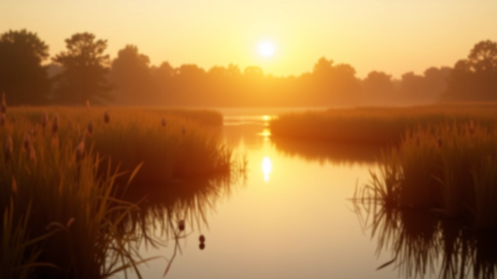 Panoramic view of Žuvintas wetland landscape with reeds and open water at sunrise, golden light reflecting off the water