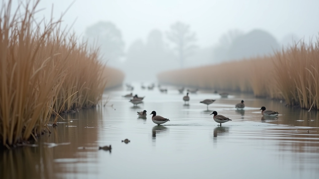 Seasonal transition at wetland reserve showing spring vegetation and migratory birds gathering on water, bright overcast sky